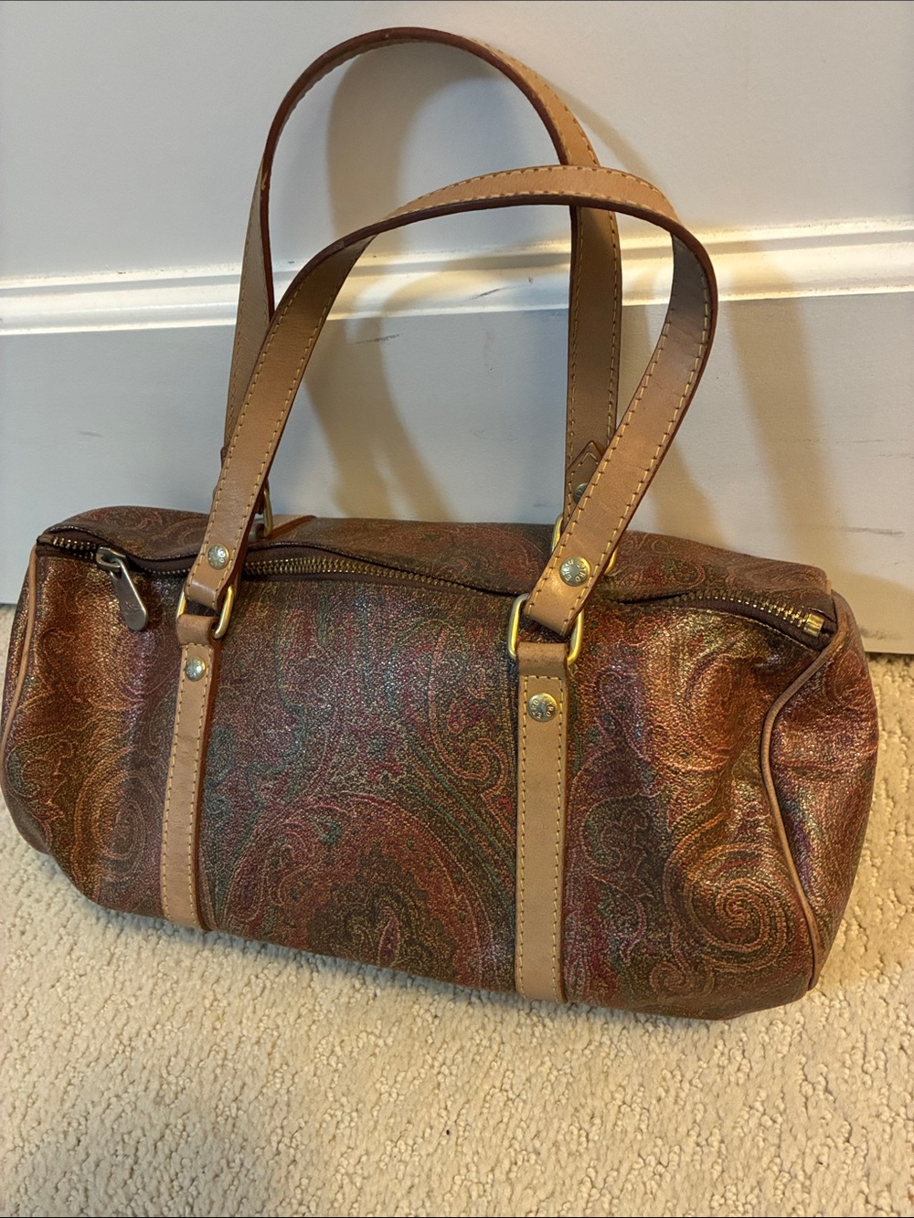 Vintage Etro Milano Paisley Coated Canvas Barrel Bag Shoulder Satchel👝
